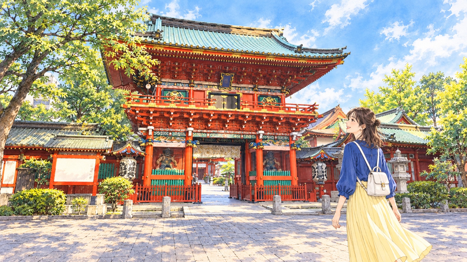 神田明神の社殿前にいる女性のイラスト