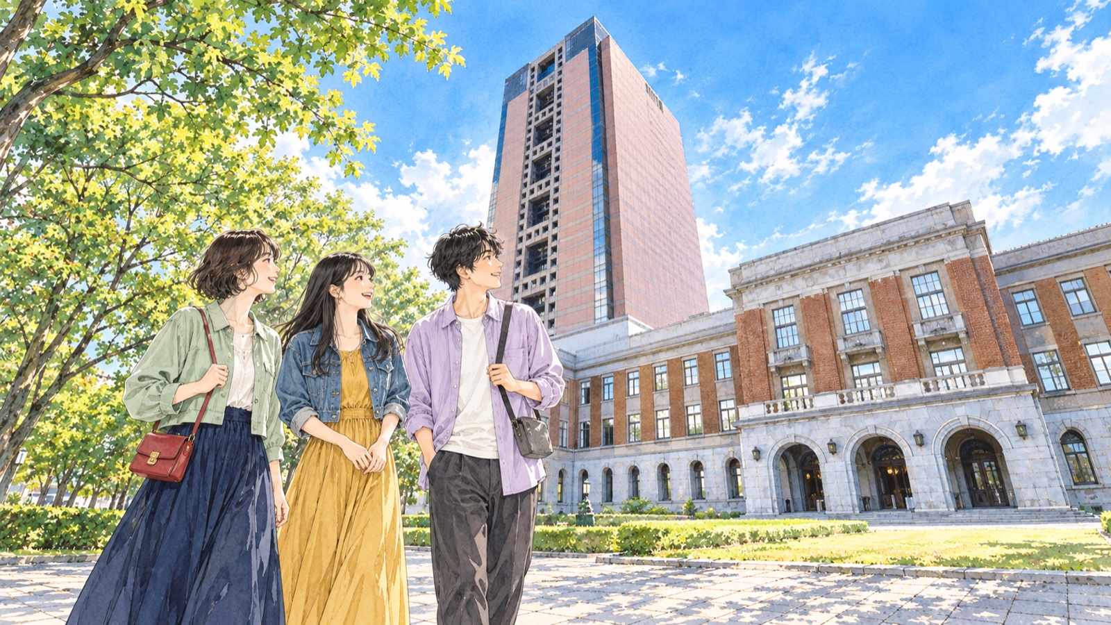 群馬県庁昭和庁舎の前にいる女性二人と男性一人のイラスト