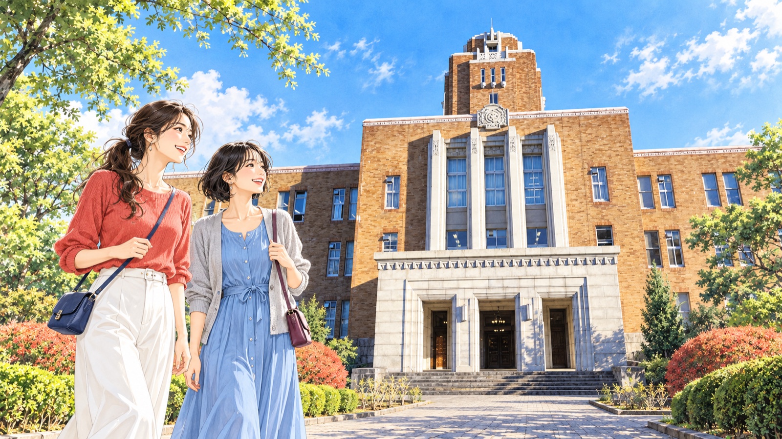 茨城県庁三の丸庁舎と、正面左手にいる女性二人のイラスト