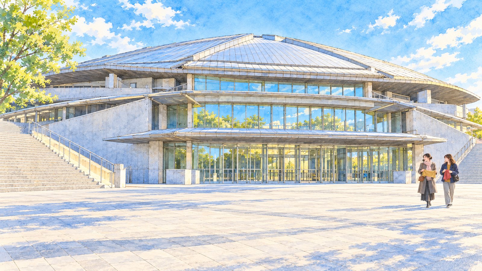 Illustration of a large-roofed gymnasium exterior, with two travelers walking across the plaza.