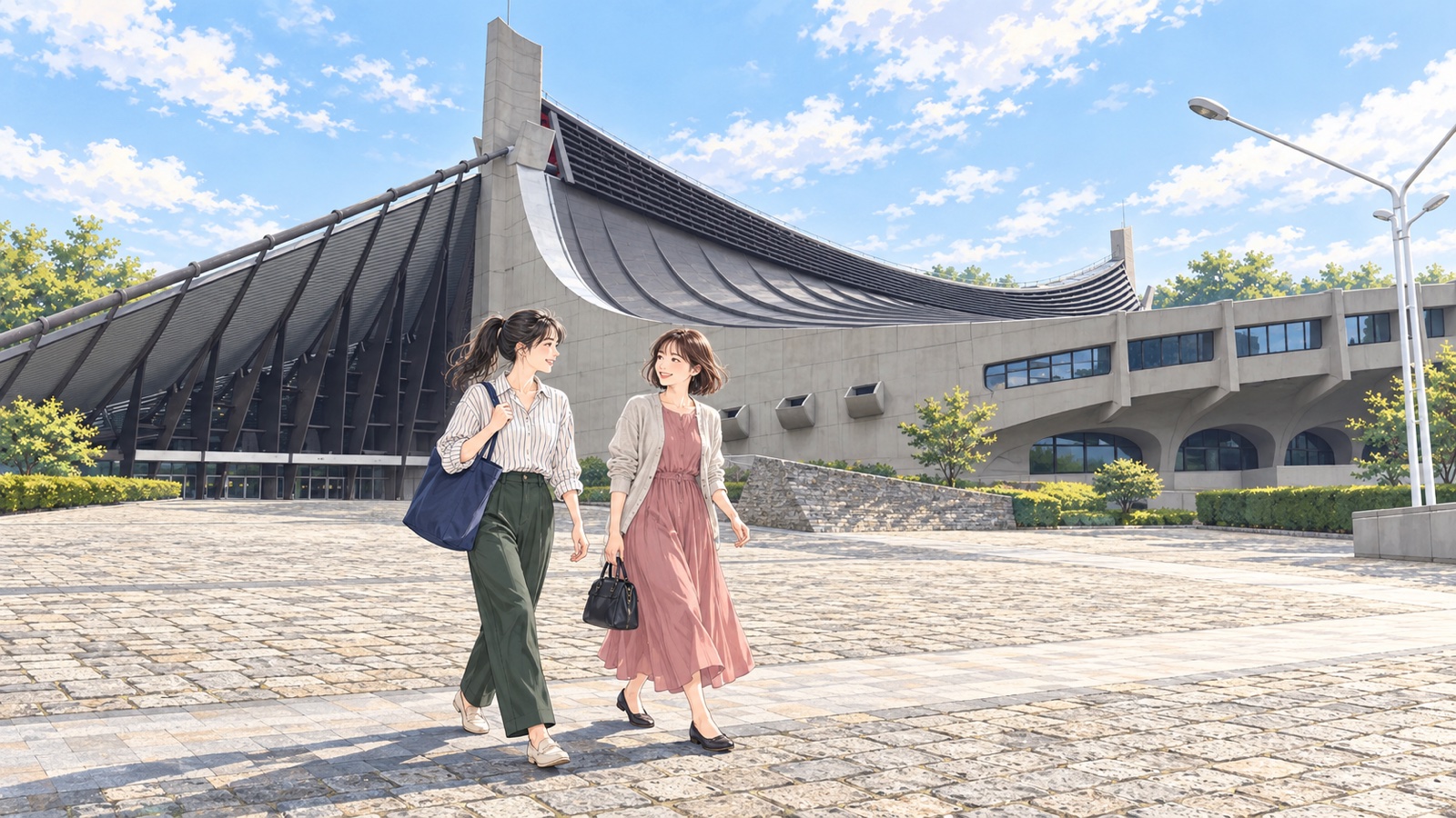反り返った吊り屋根の体育館の前の広場を話しながら歩く女性二人のイラスト