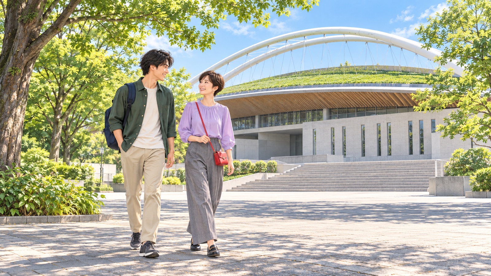 緑の多い公園の中の体育施設の前を歩く男性と女性のイラスト