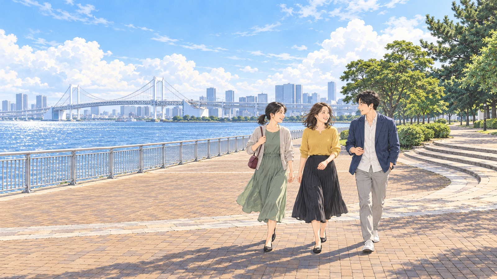 吊り橋と高層ビルを望む海辺の公園の遊歩道を歩く女性二人と男性一人のイラスト