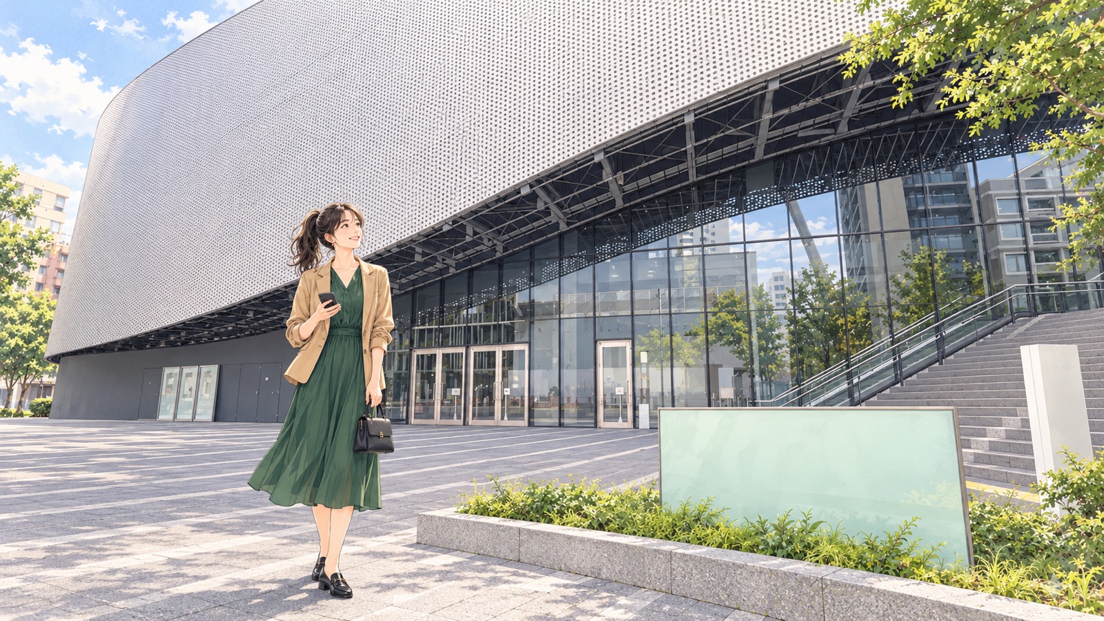 街なかの新しいアリーナの前でスマートフォンを手に立つ女性のイラスト