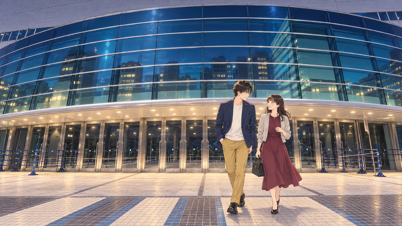 夜のガラス張りの大きなアリーナの前を歩く男性と女性のイラスト