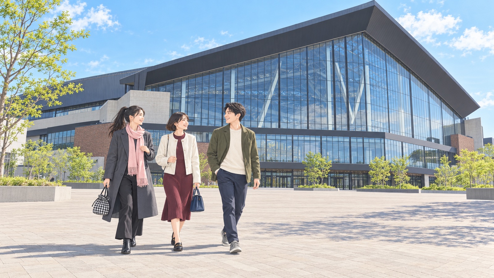 ガラス張りの大きな屋根の球場の前の広場を歩く女性二人と男性一人のイラスト
