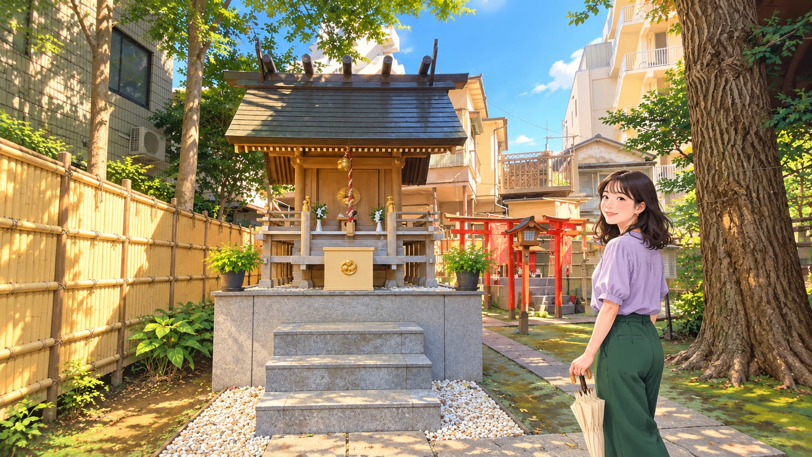 気象神社の小さな木造社殿と石段、閉じた傘を持つ女性のイラスト