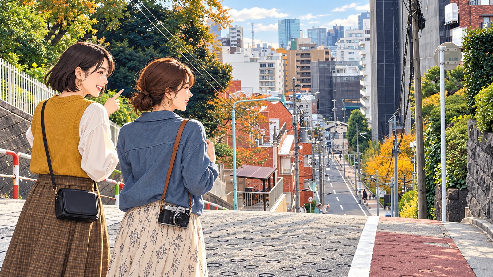 円形の滑り止めが並ぶ急なのぞき坂と、手前で話す二人の女性のイラスト