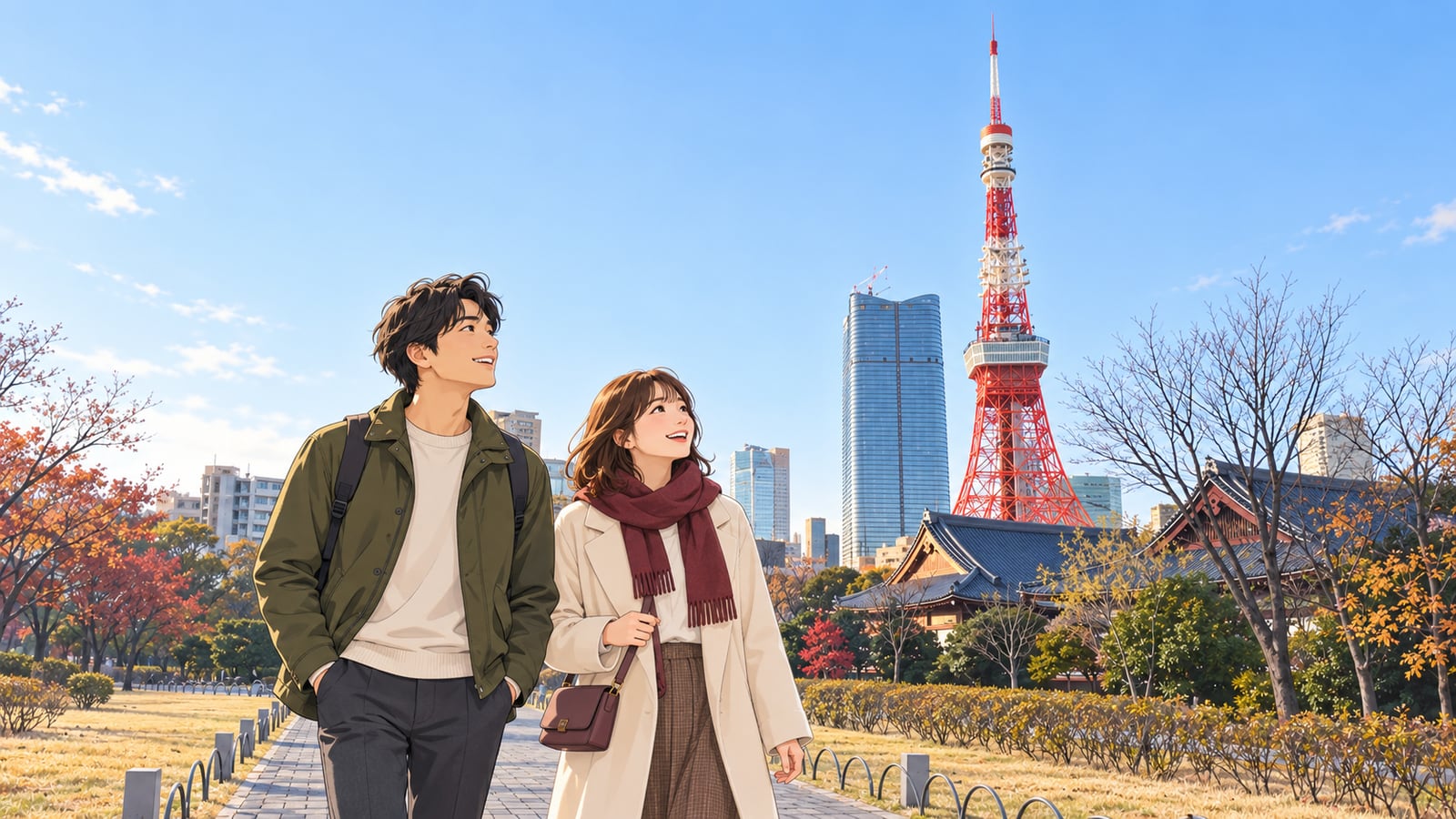 芝公園から東京タワーを眺める二人の旅行者のイラスト