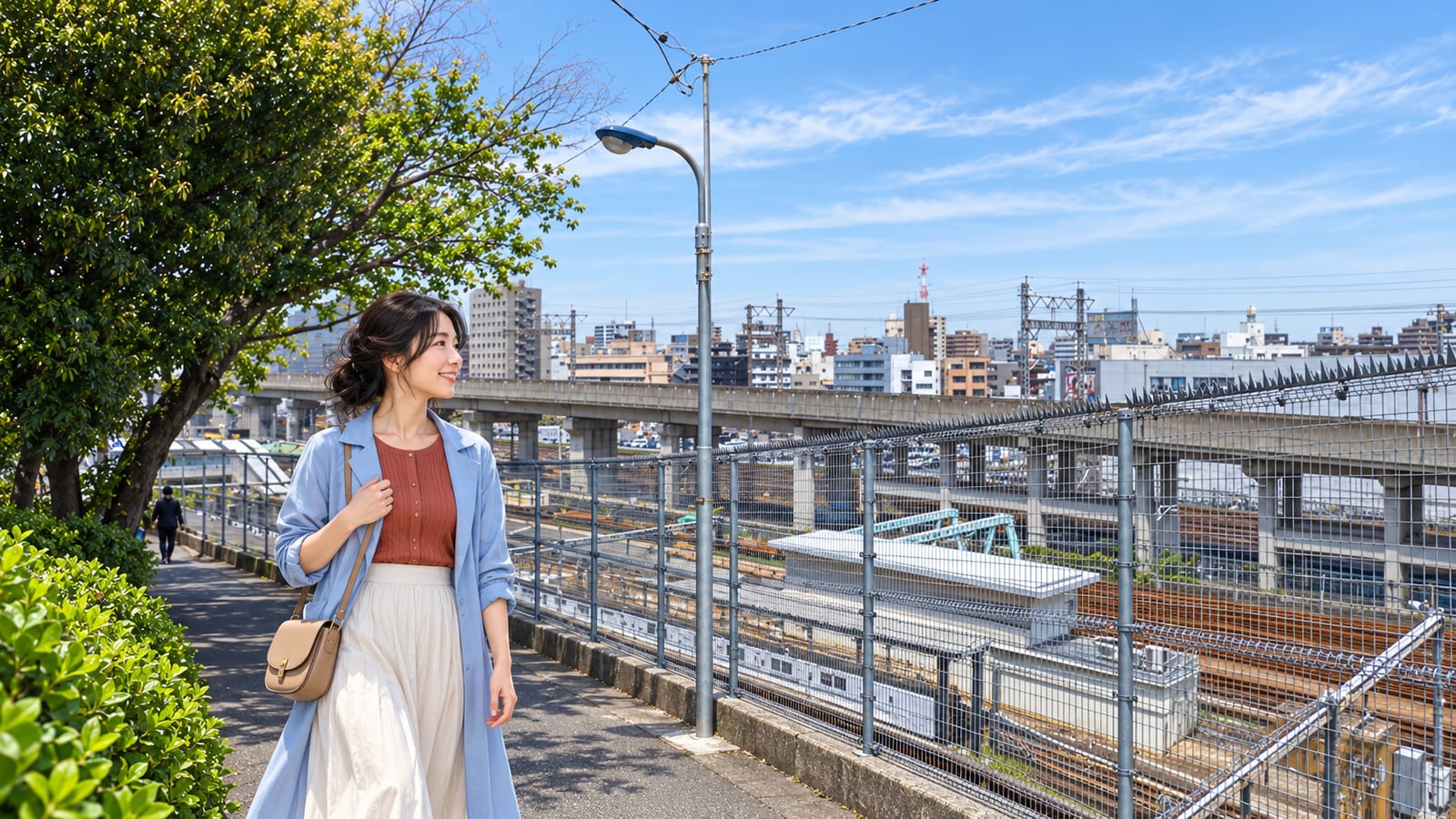 田端駅南口近くの線路沿いの坂道と、青いコートの女性のイラスト