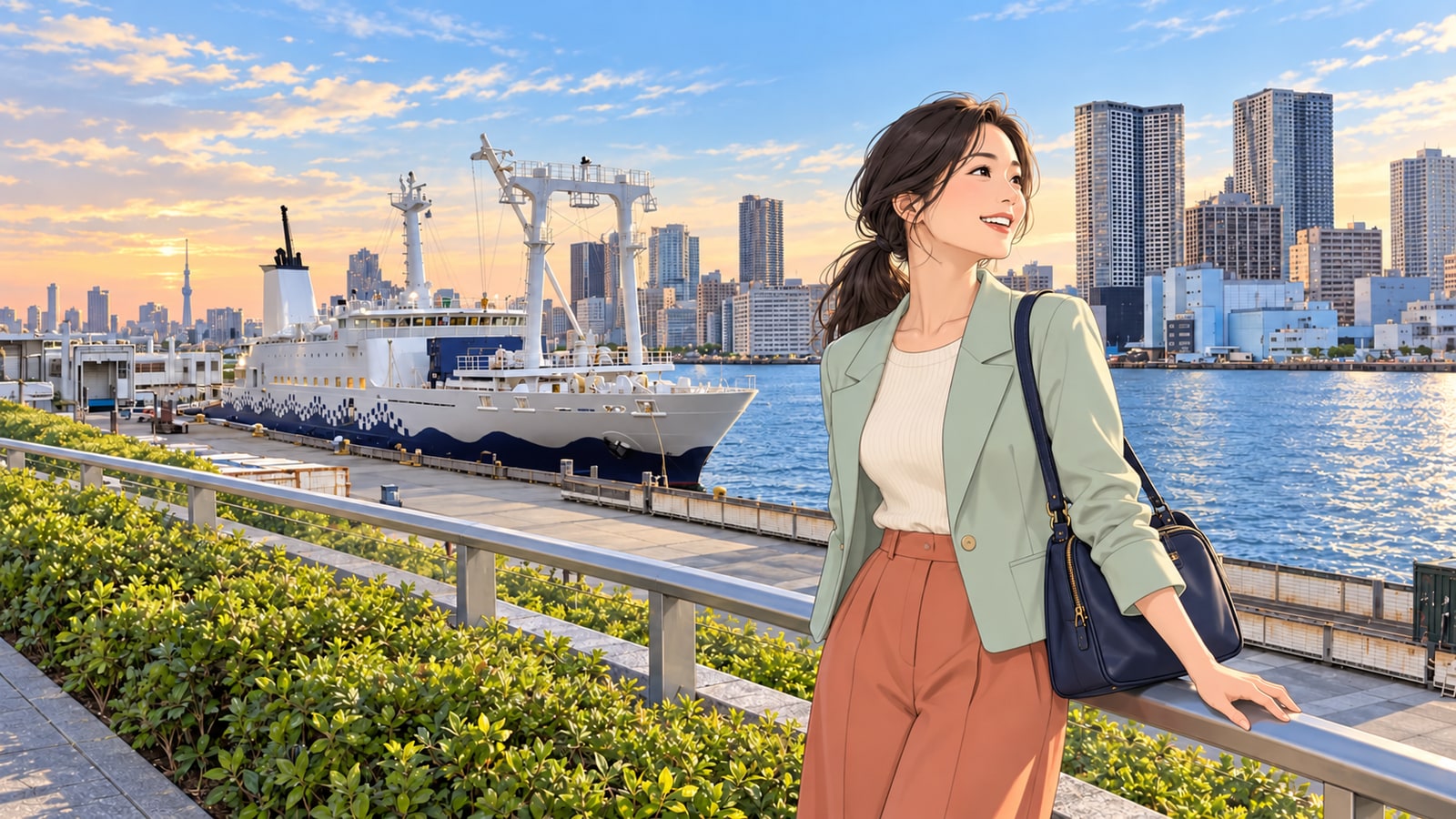 竹芝客船ターミナルの岸壁と白い船を眺める女性のイラスト
