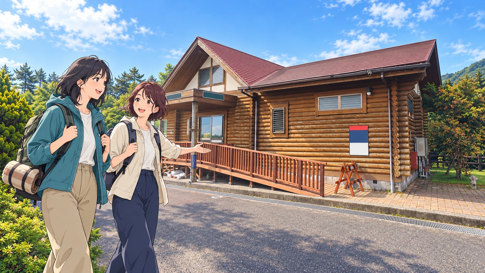 だるま山高原キャンプ場の赤い屋根のログハウスを訪れる二人の女性のイラスト