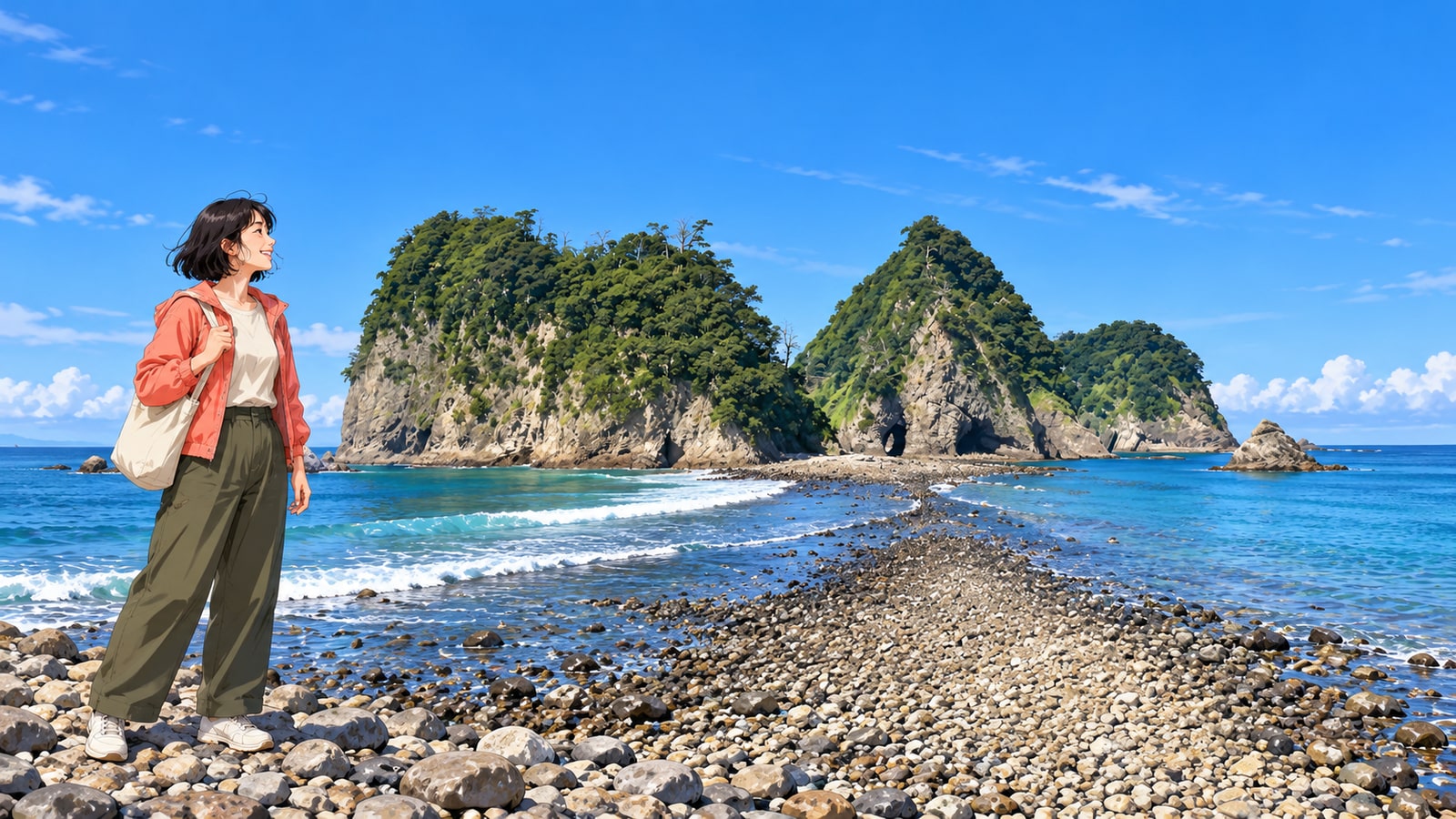 堂ヶ島の海岸から三四郎島と干潮時の石の道を眺める女性のイラスト