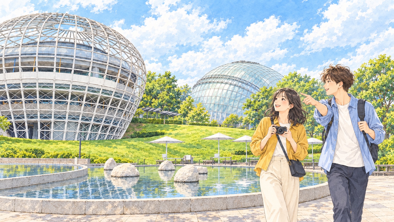 笛吹川フルーツ公園の格子状のドームと噴水を眺める二人の旅行者のイラスト