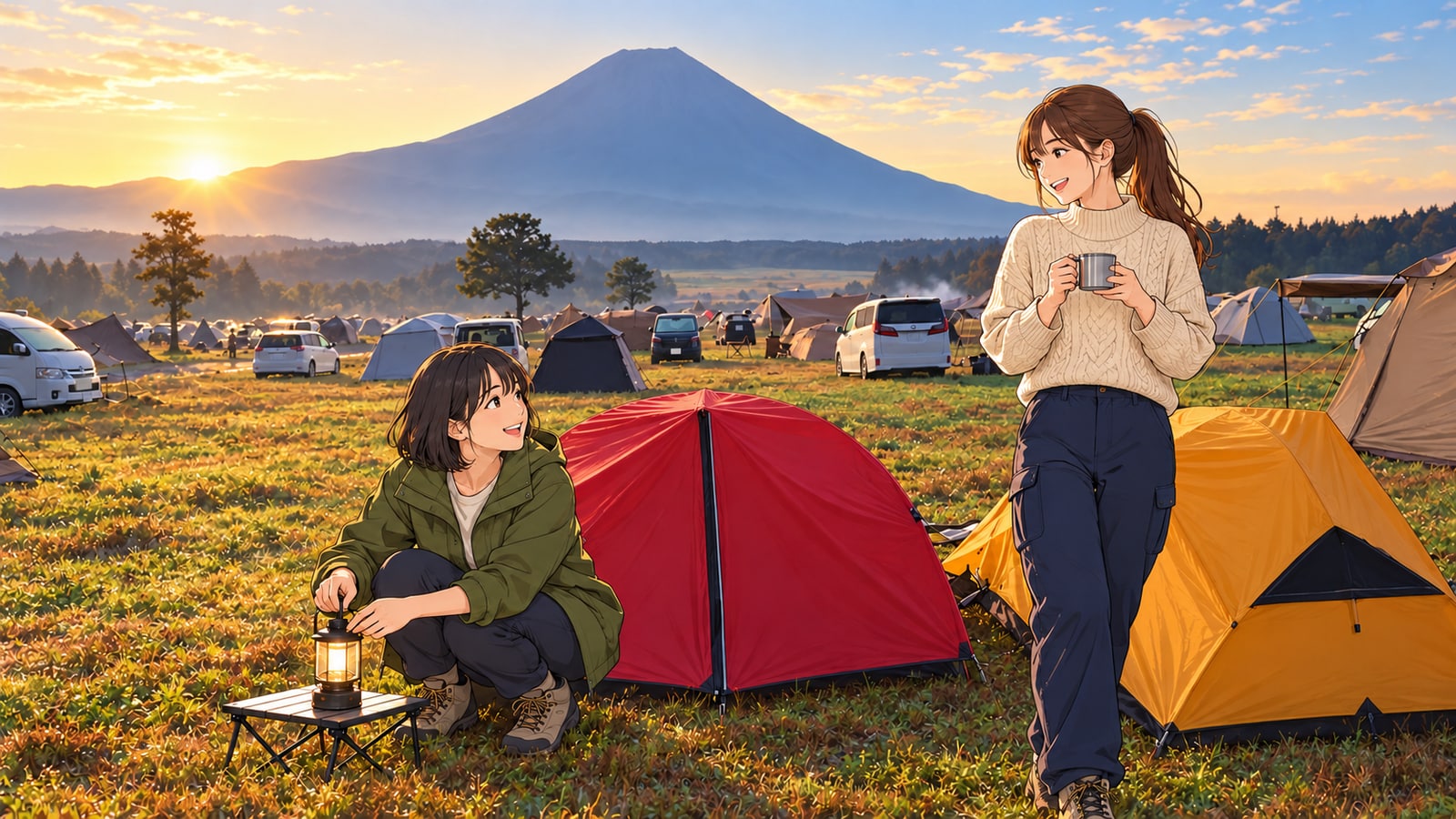 富士山を望むふもとっぱらのテントのそばで過ごす二人の女性のイラスト