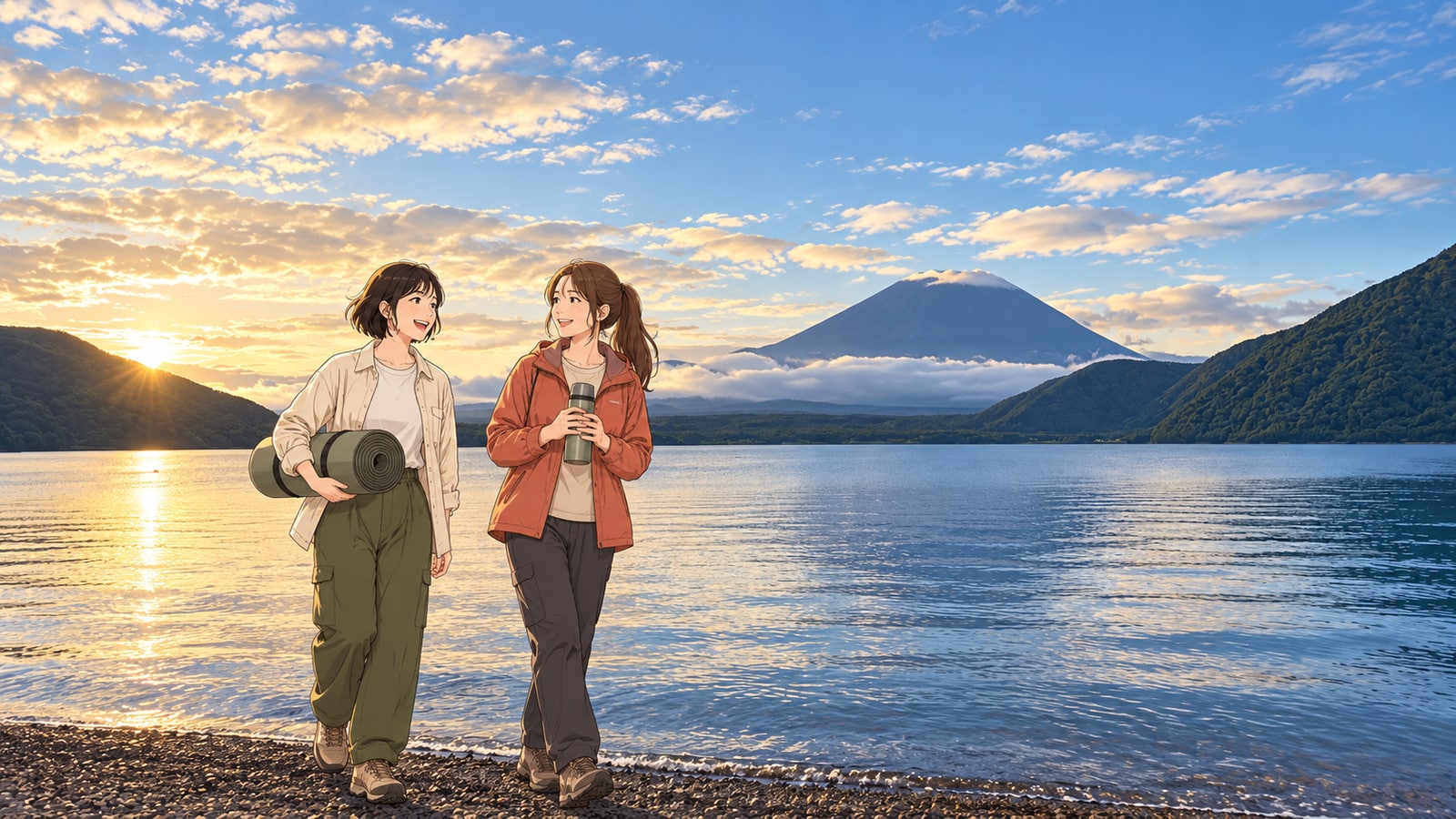 夕暮れの本栖湖畔から富士山を眺める二人の女性のイラスト