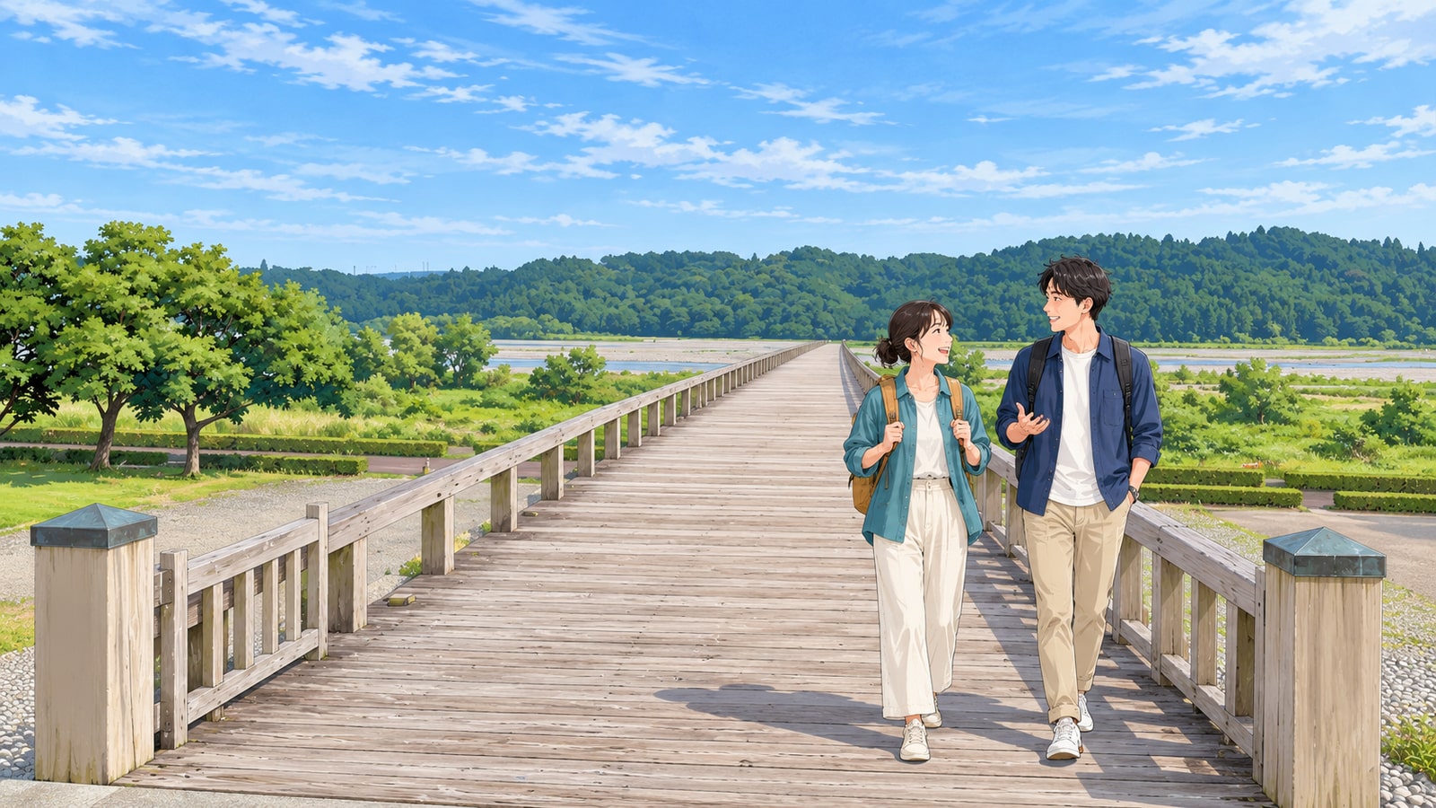 まっすぐに延びる木造の蓬莱橋を歩く二人の旅行者のイラスト