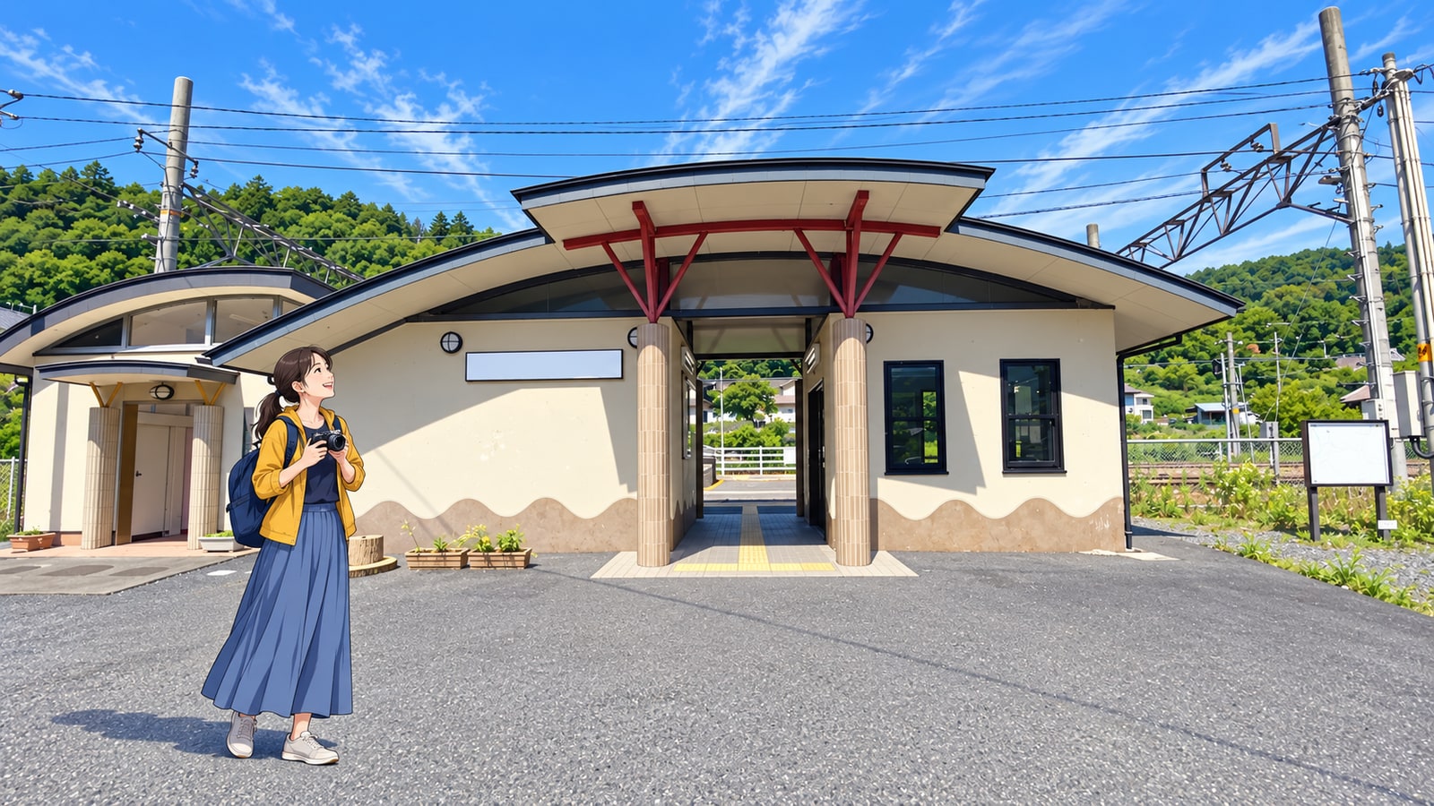 波形の屋根と赤い柱がある甲斐常葉駅と、カメラを持つ女性のイラスト