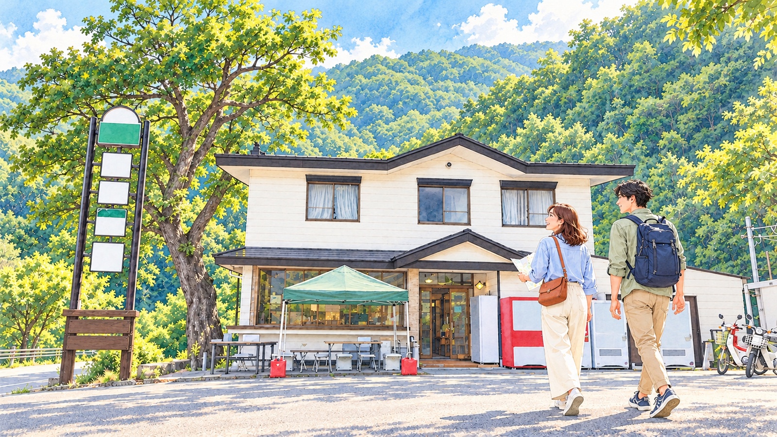 浩庵キャンプ場の受付がある白い二階建ての建物と、二人の旅行者のイラスト