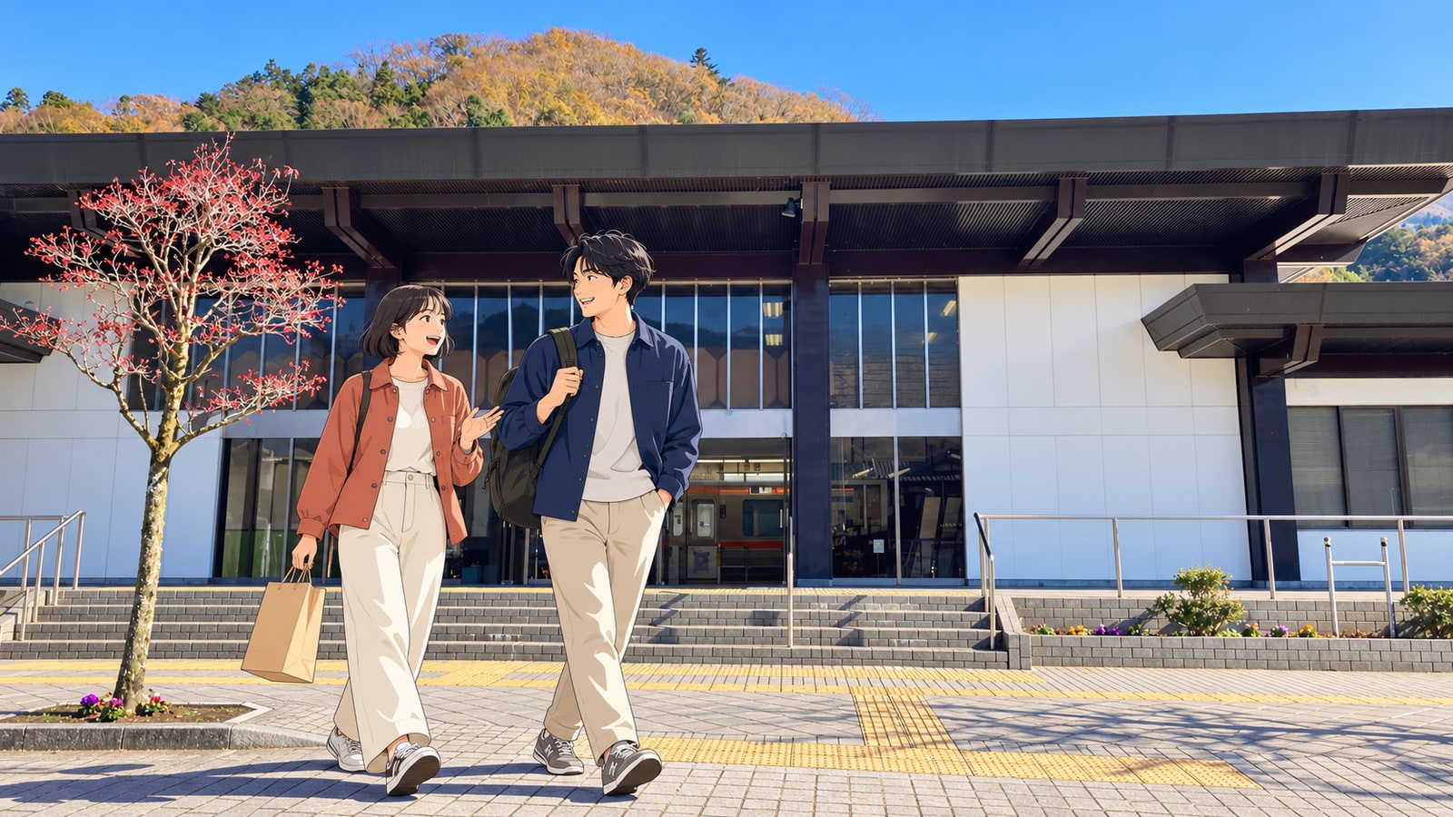 身延駅の黒い屋根と白い駅舎を訪れる二人の旅行者のイラスト