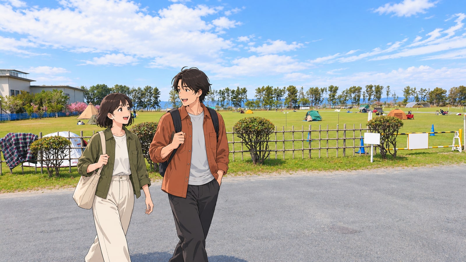 渚園キャンプ場の芝生とテント、歩く二人の旅行者のイラスト