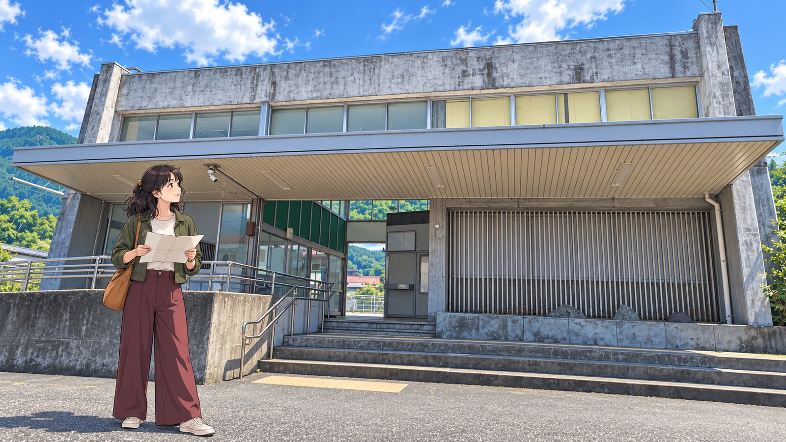 長い庇と中央の通路がある内船駅と、地図を持つ女性のイラスト
