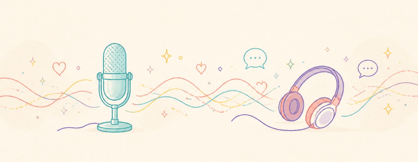マイクとヘッドホンから音の波が広がるイラスト