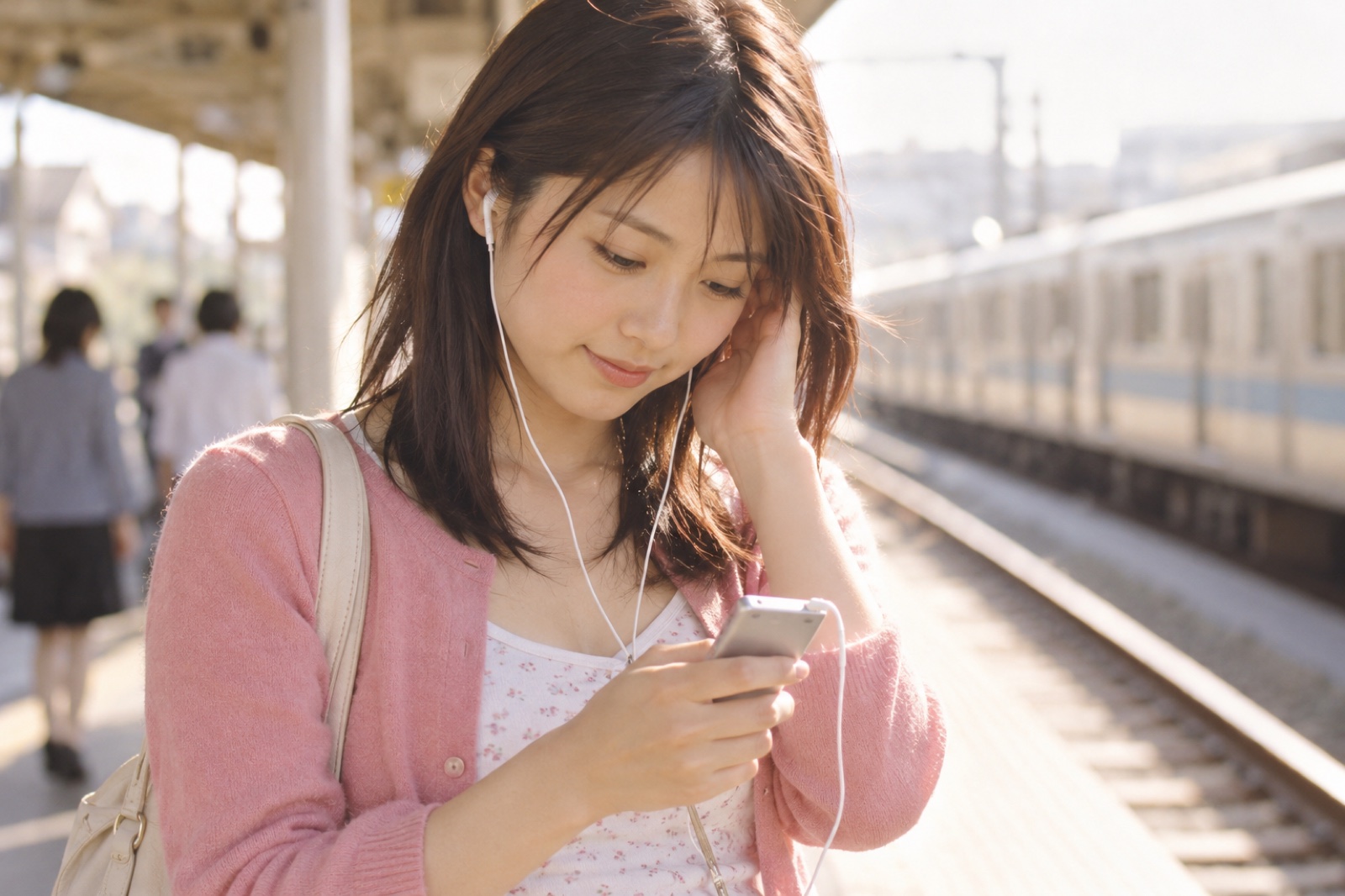 A woman in 2001 using a portable digital music player at a station