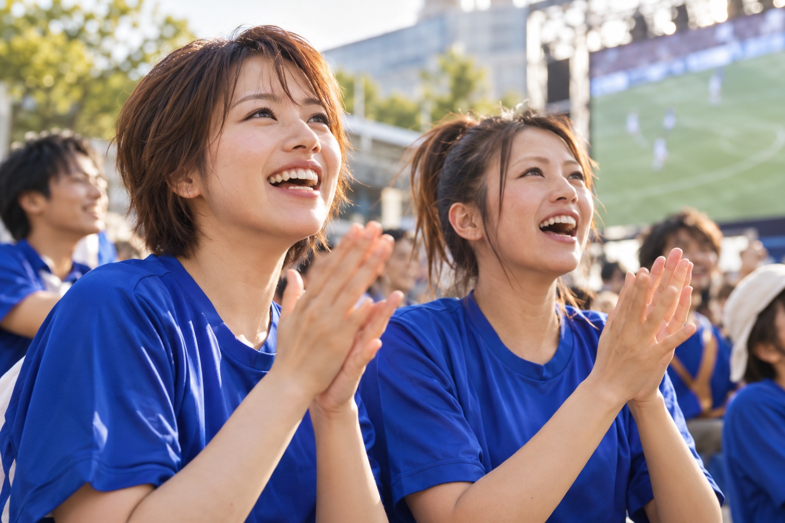 Women cheering for a soccer match on the street in 2002