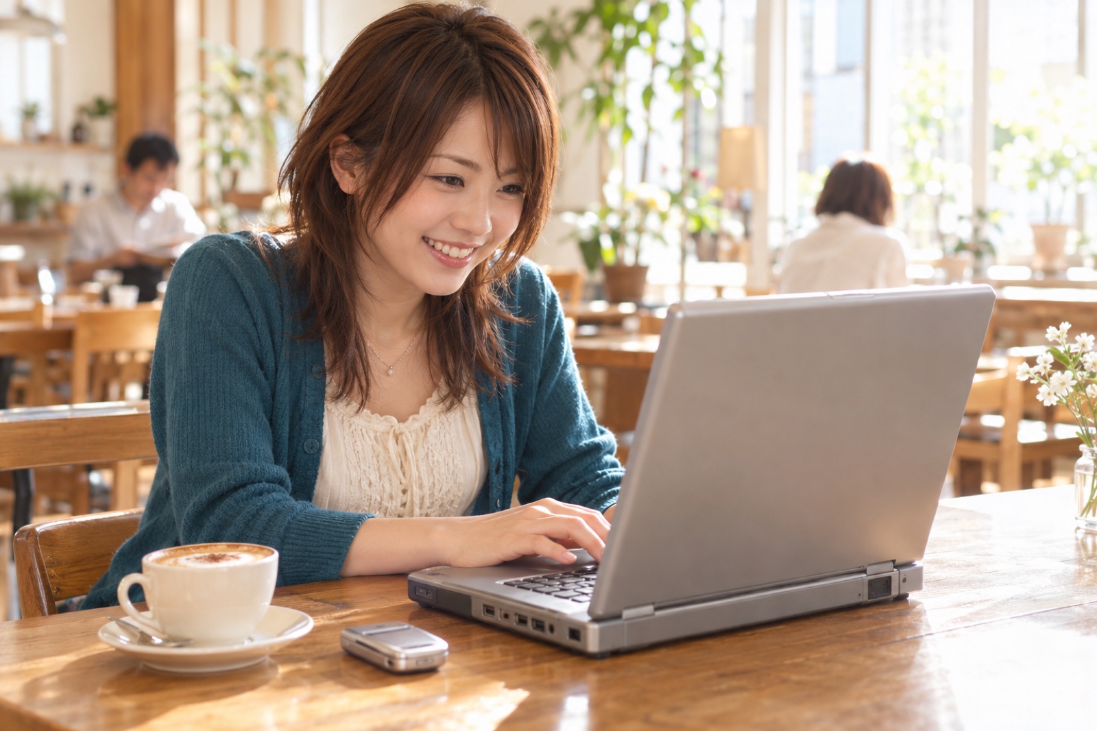A woman in 2004 enjoying chatting with fellow fans on a laptop at a café