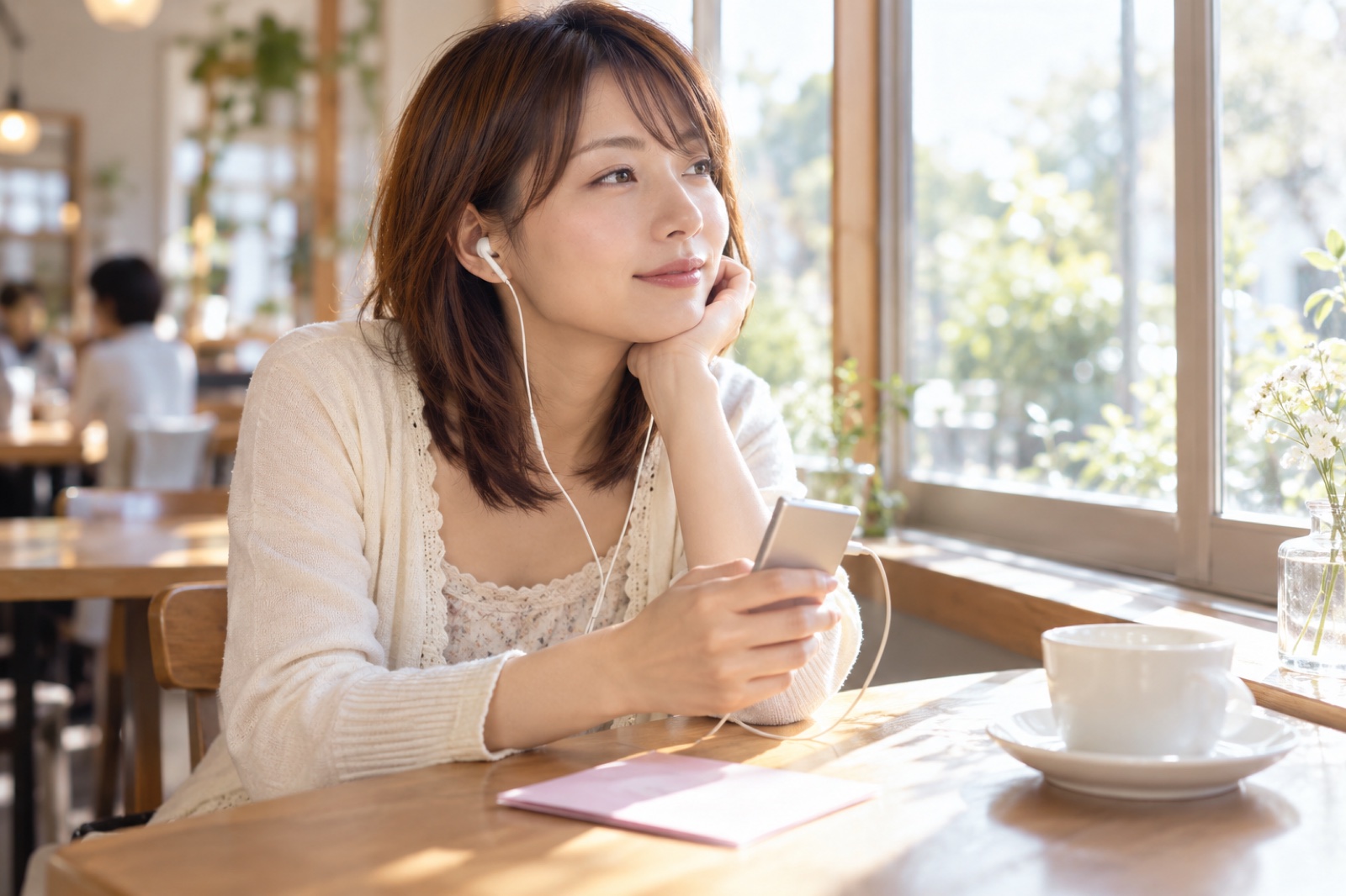 A woman in 2005 enjoying music while choosing songs on a white iPod