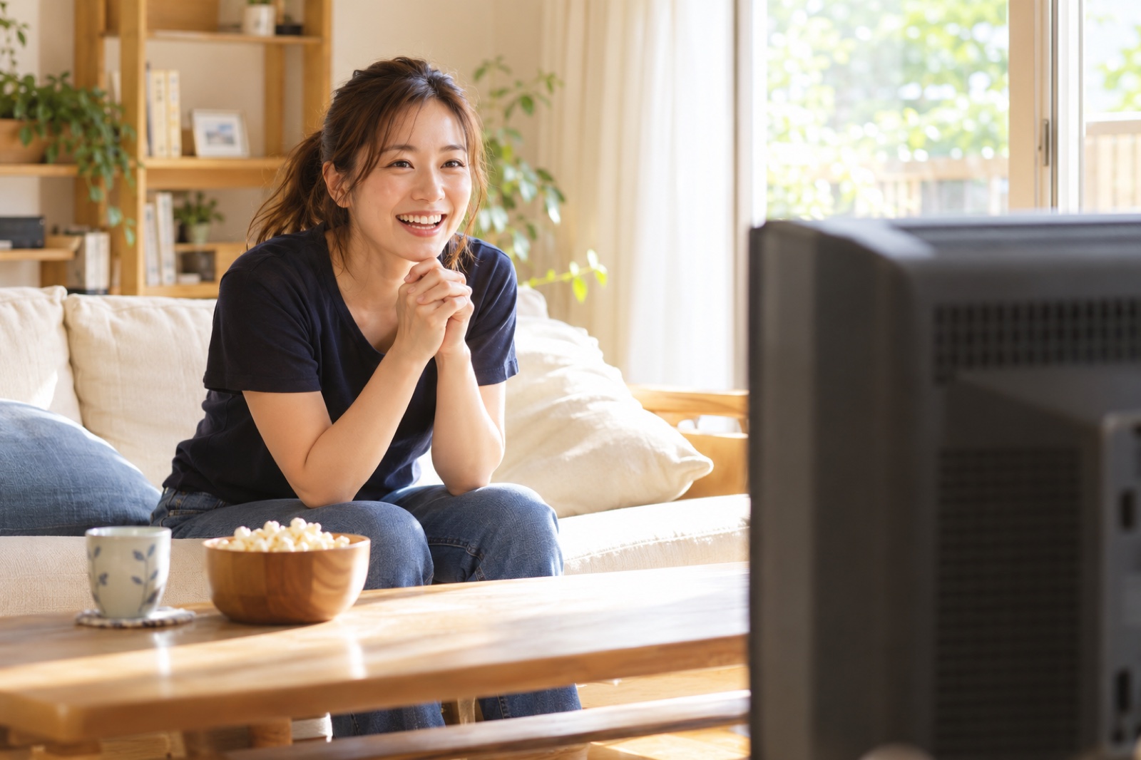 A woman in 2006 cheering on a baseball broadcast on TV at home