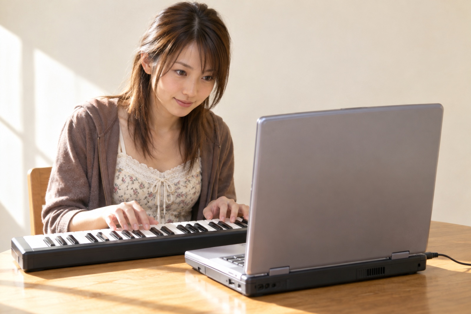 A woman in 2007 making music at home with a computer and a MIDI keyboard
