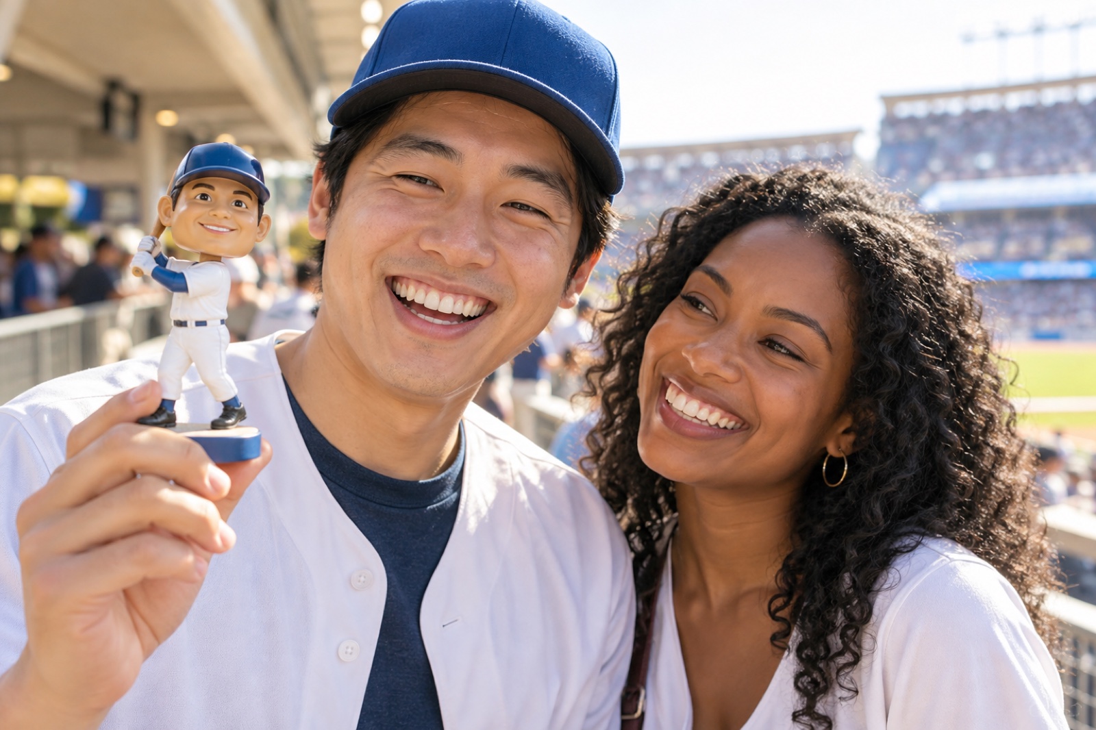 Fans receiving a giveaway item at an MLB ballpark