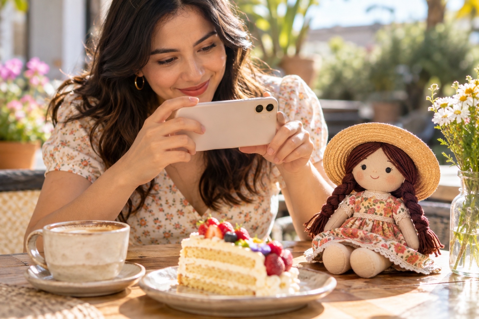 An illustration of nui-dori, photographing a plushie on an outing