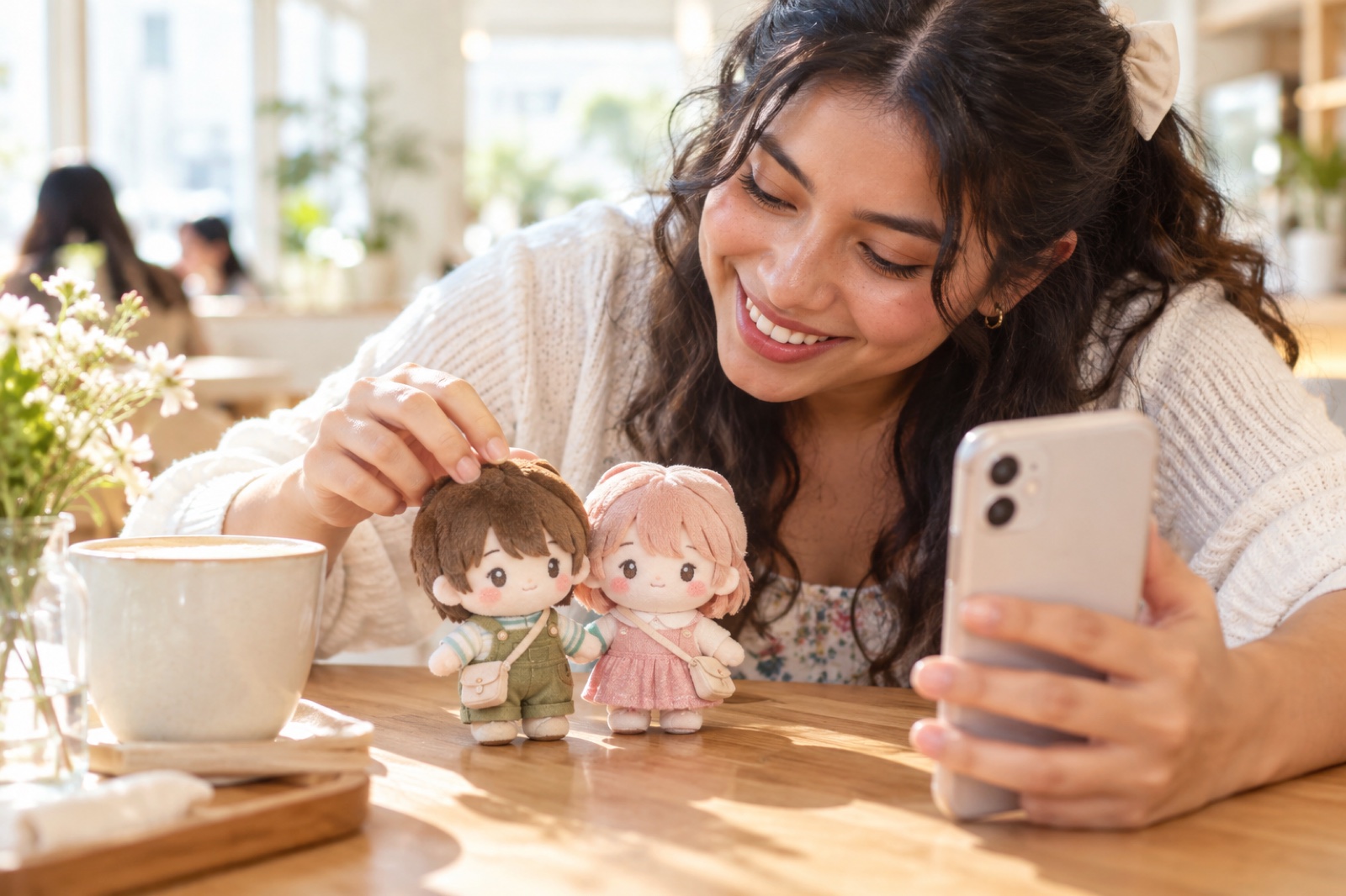 An oshi plushie hanging from a bag, and a plushie photo shoot at a café
